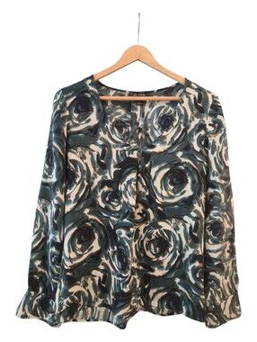 St John Green Swirl Green Silk Blouse Long Sleeves Top Size 8